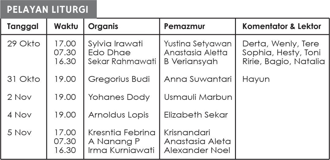 Jadwal Petugas Liturgi - Bulan Oktober dan November 2022